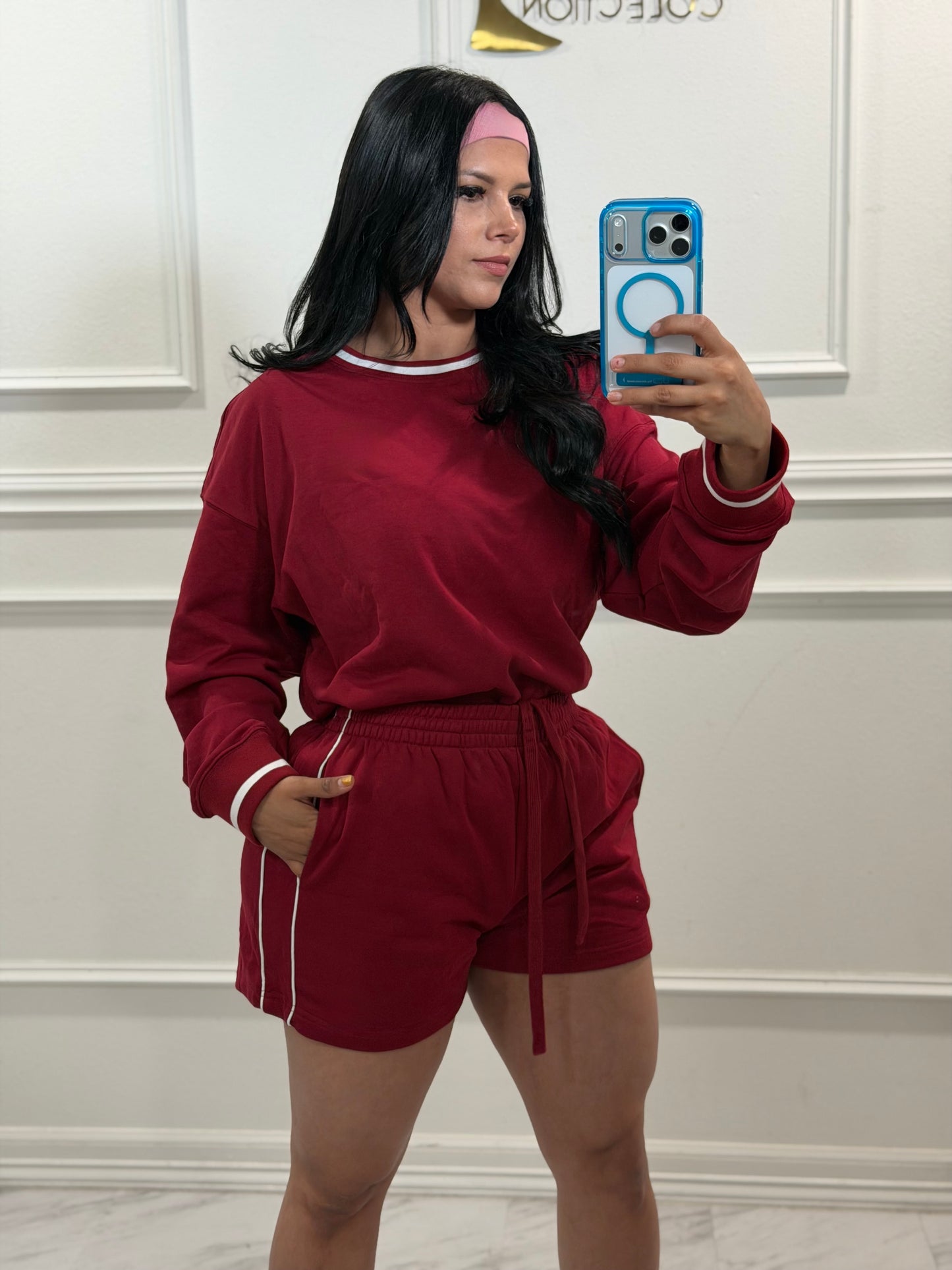 Burgundy sweater and short